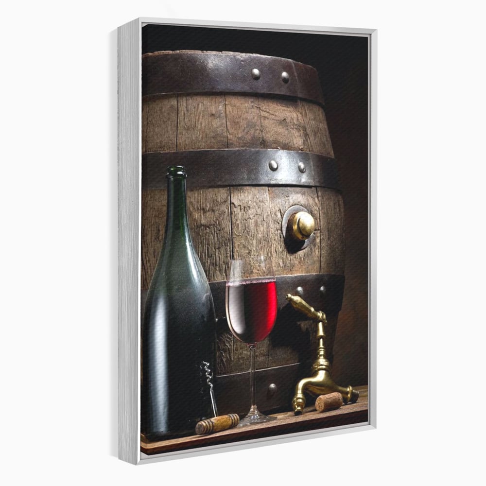 Tablou canvas cu tablou canvas cu butoi si vin, in rama de aluminiu argintiu